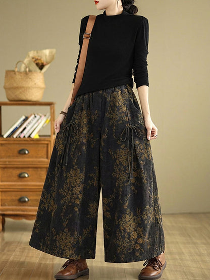 Plus Size Women Retro Flower Cotton Wide-leg Pants
