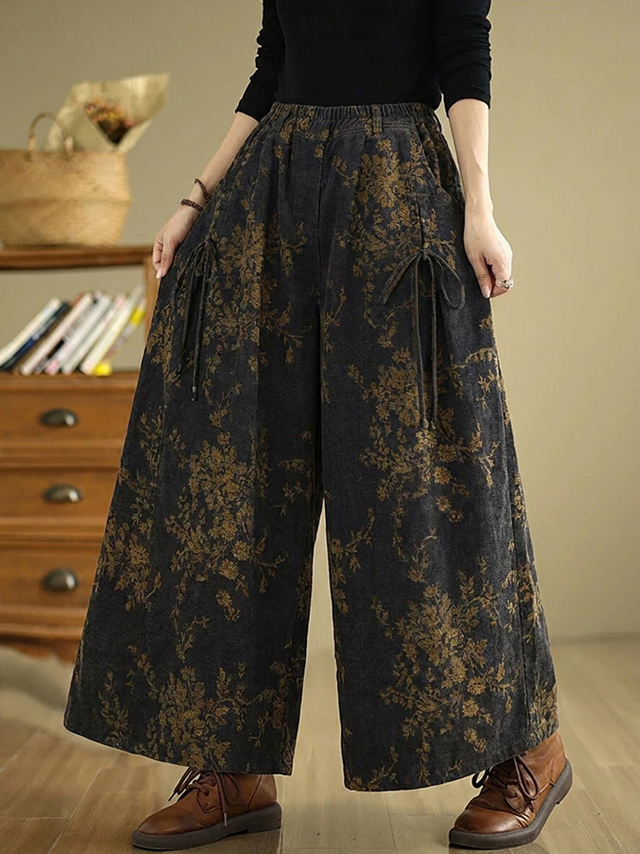 Plus Size Women Retro Flower Cotton Wide-leg Pants