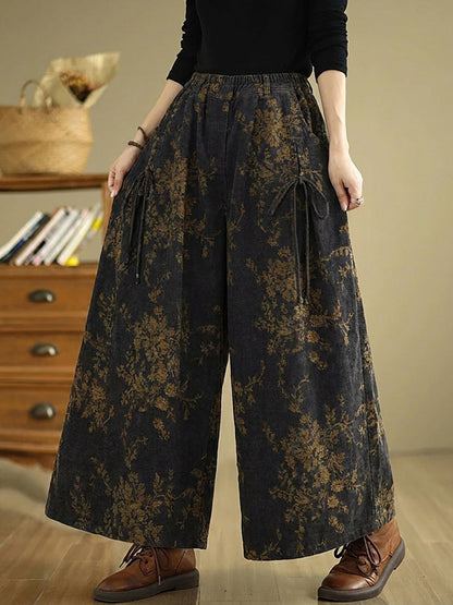Plus Size Women Retro Flower Cotton Wide-leg Pants