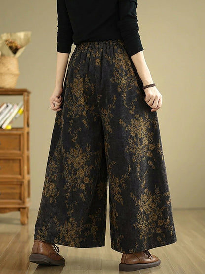 Plus Size Women Retro Flower Cotton Wide-leg Pants