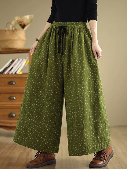 Plus Size Women Artsy Floral Cotton Wide-Leg Pants