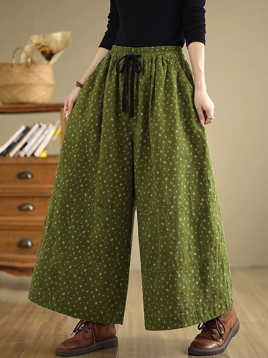 Plus Size Women Artsy Floral Cotton Wide-Leg Pants