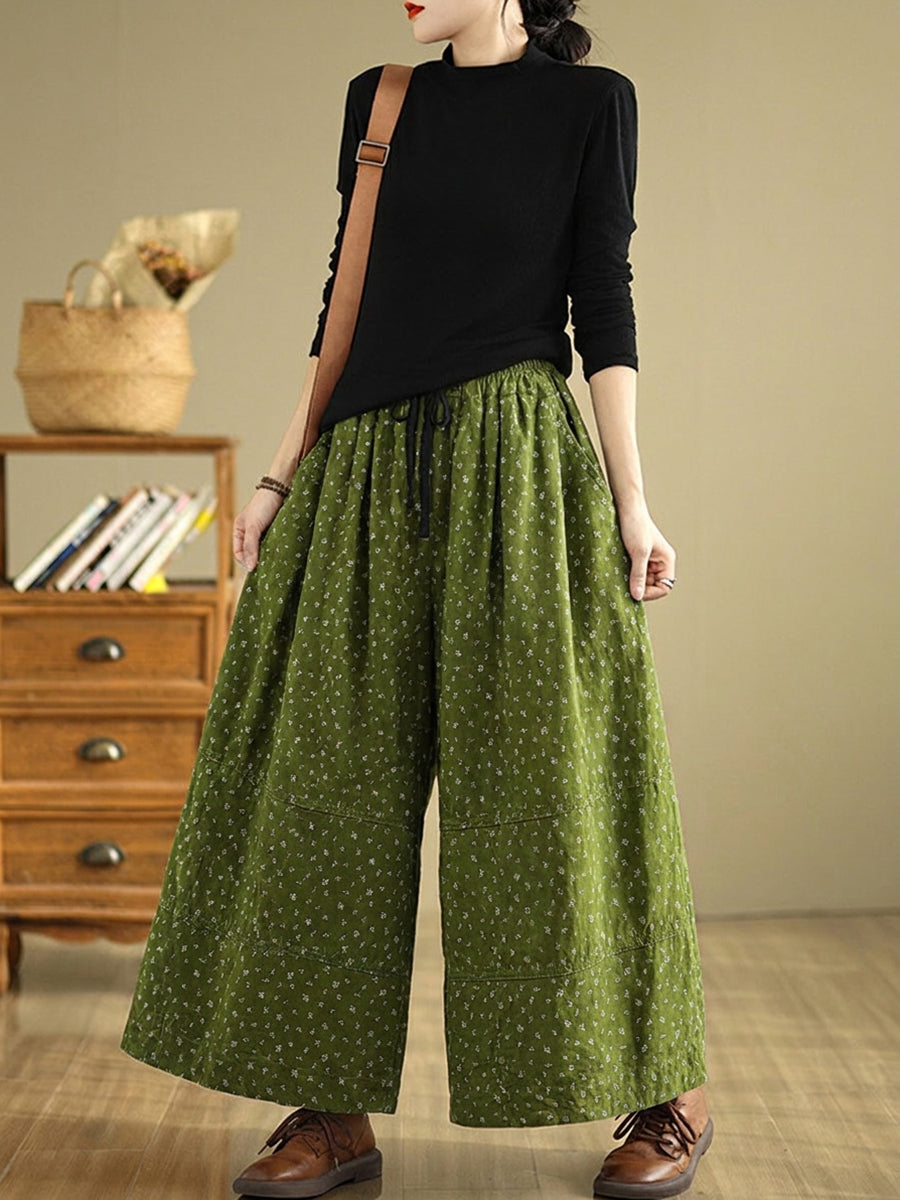 Plus Size Women Artsy Floral Cotton Wide-Leg Pants
