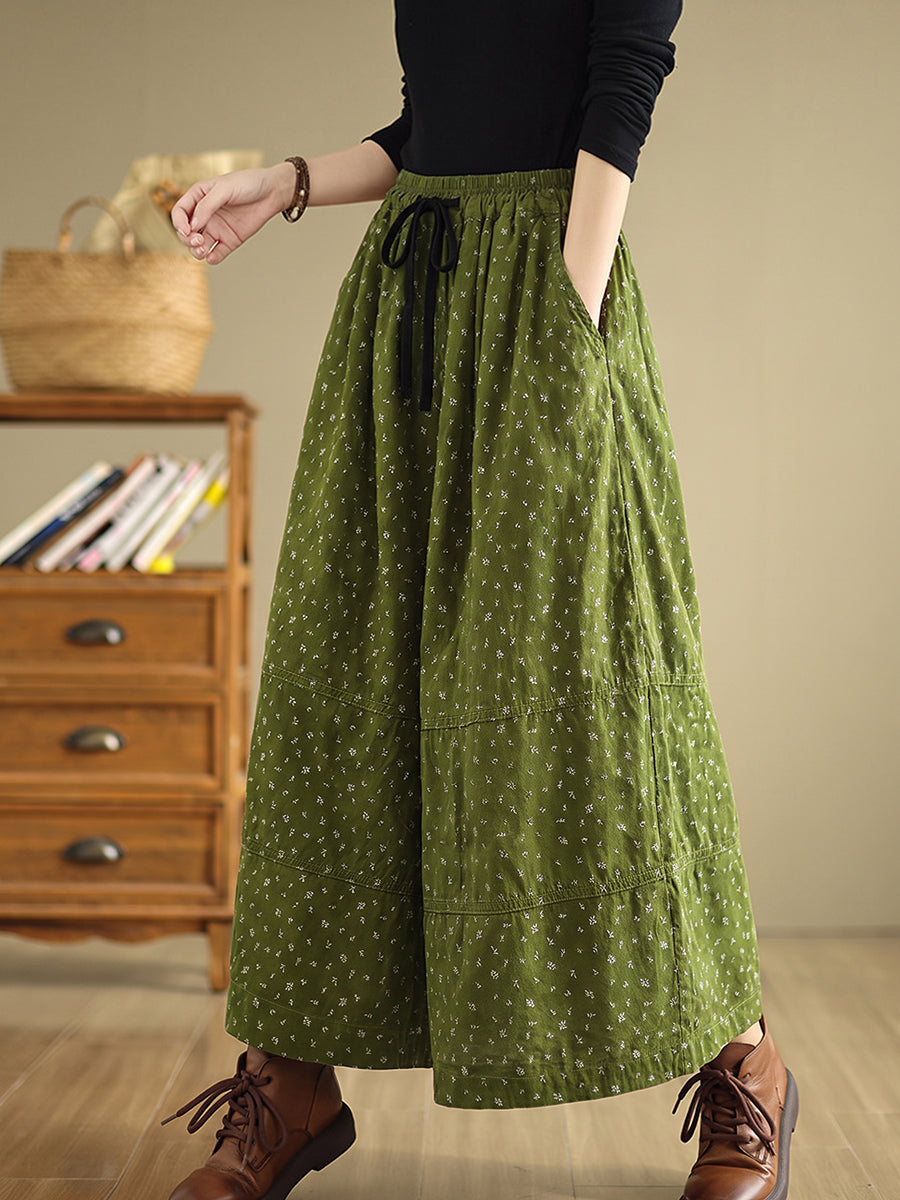 Plus Size Women Artsy Floral Cotton Wide-Leg Pants