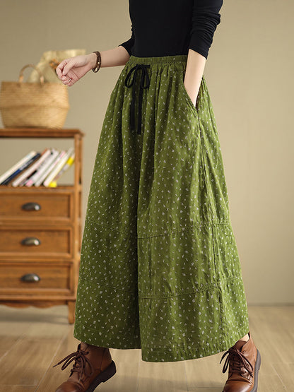 Plus Size Women Artsy Floral Cotton Wide-Leg Pants