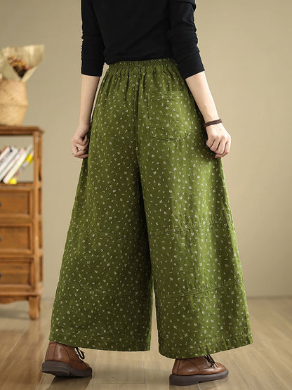 Plus Size Women Artsy Floral Cotton Wide-Leg Pants