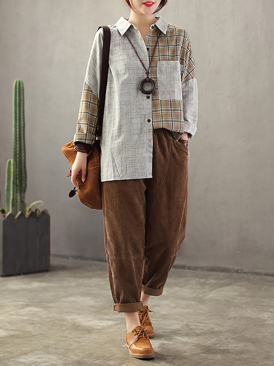 Plus Size Vintage Elastic Waist Cotton Corduroy Pants
