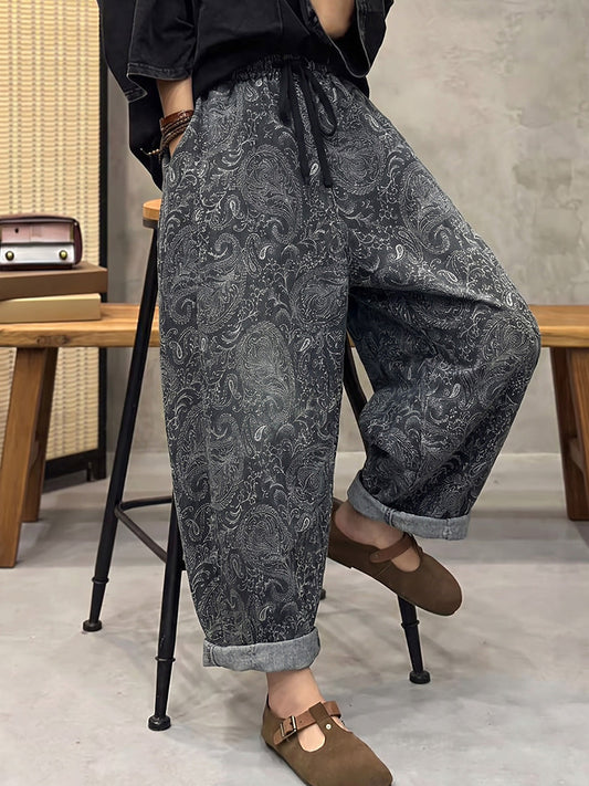 Plus Size Women Retro Flower Denim Harem Pants