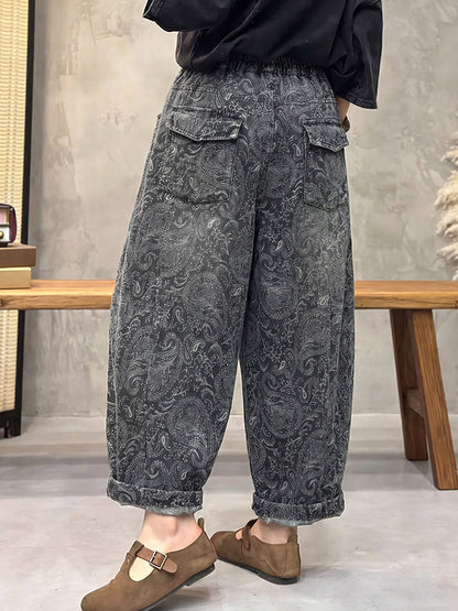 Plus Size Women Retro Flower Denim Harem Pants