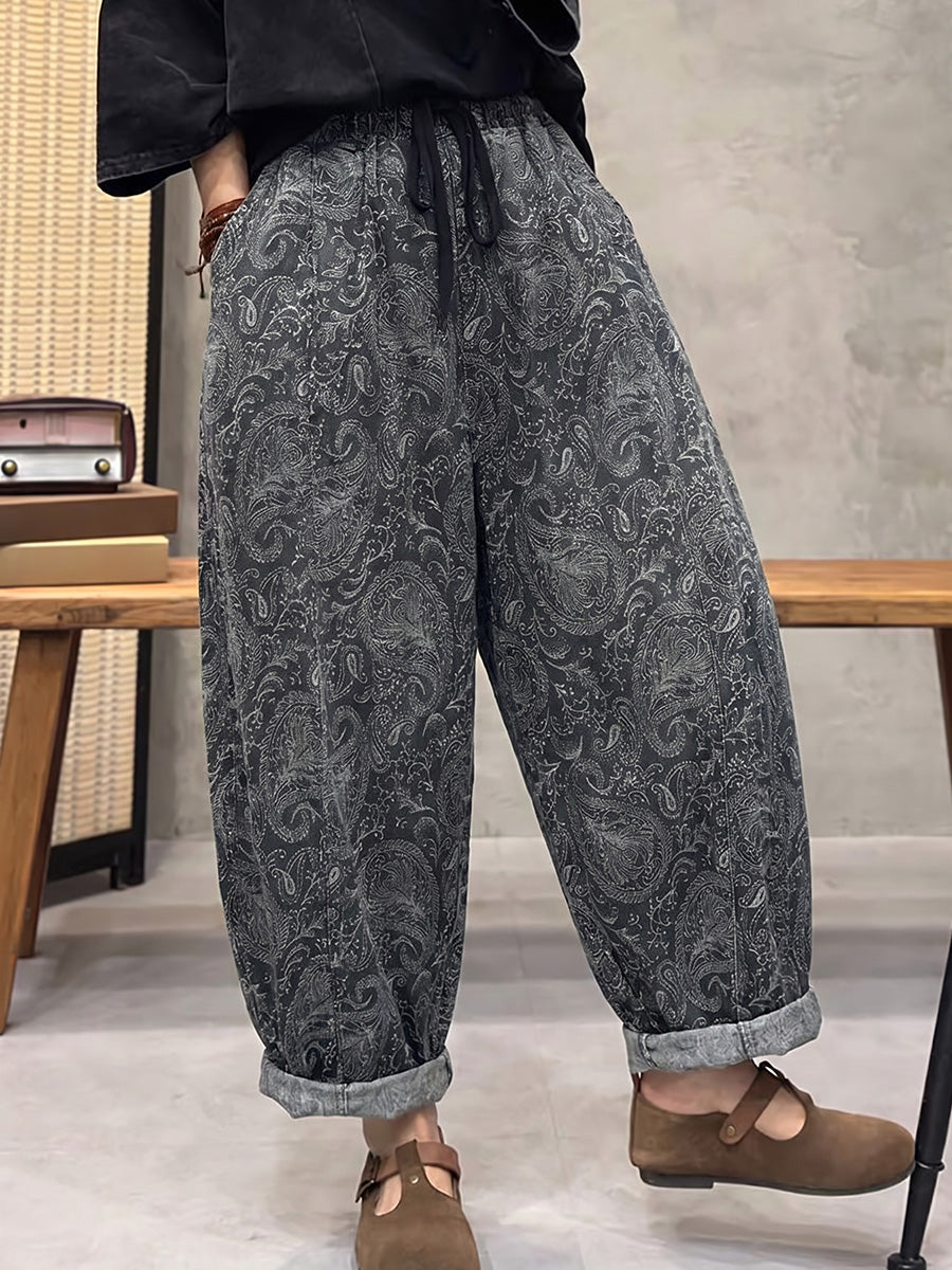 Plus Size Women Retro Flower Denim Harem Pants