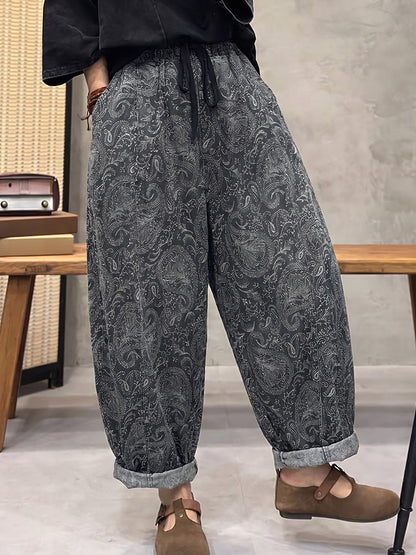 Plus Size Women Retro Flower Denim Harem Pants