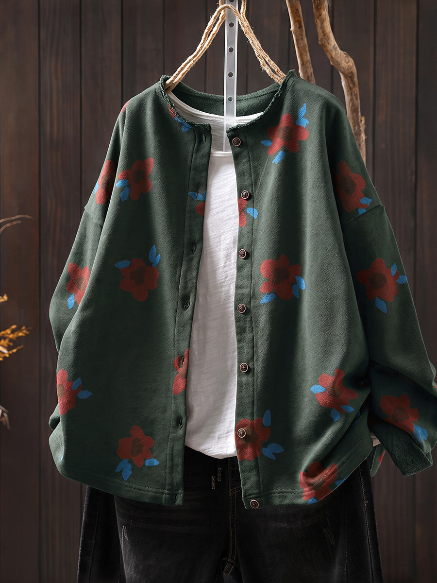Plus Size Women Autumn Artsy Flower Print Cotton Cardigan Shirt