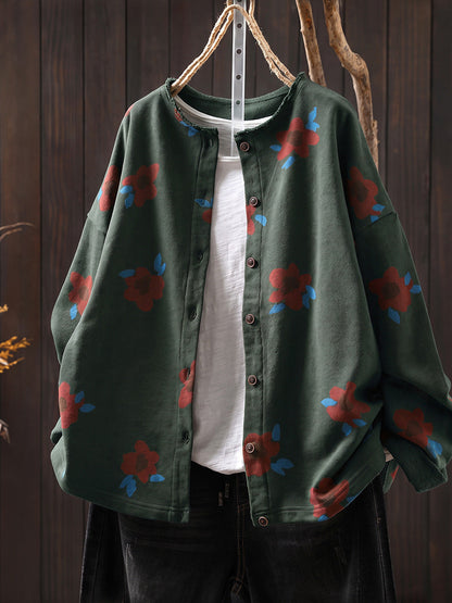 Plus Size Women Autumn Artsy Flower Print Cotton Cardigan Shirt