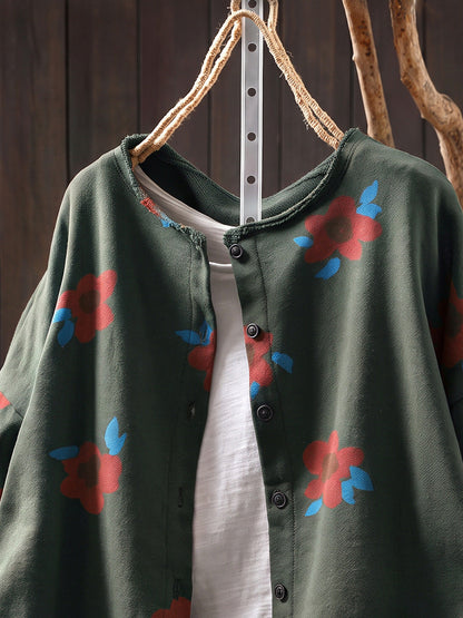 Plus Size Women Autumn Artsy Flower Print Cotton Cardigan Shirt
