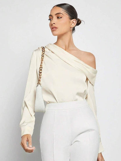 Long Sleeves Skinny Pleated Solid Color Split-Joint One-Shoulder Blouses&Shirts Tops