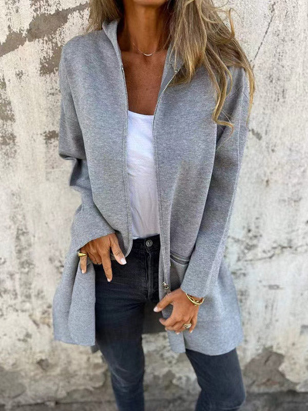 Hooded Long Sleeves Pockets Solid Color Split-Joint Zipper Outerwear