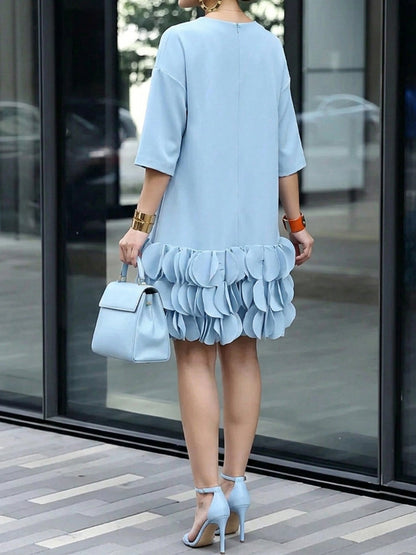 A-Line Loose Solid Color Split-Joint Three-Dimensional Flower Round-Neck Midi Dresses-1