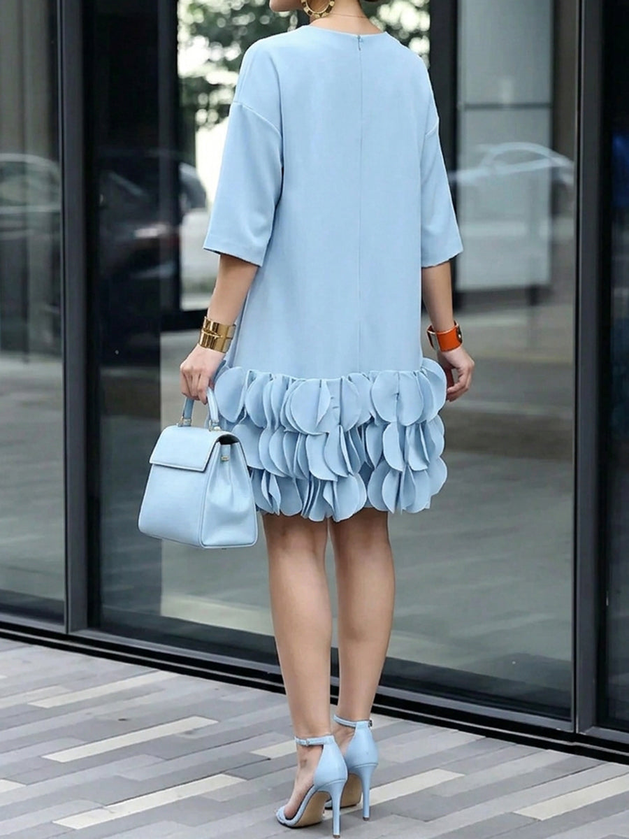 A-Line Loose Solid Color Split-Joint Three-Dimensional Flower Round-Neck Mini Dresses