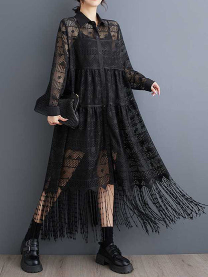 A-Line Long Sleeves Buttoned Printed See-Through Split-Joint Tasseled Lapel Midi Dresses