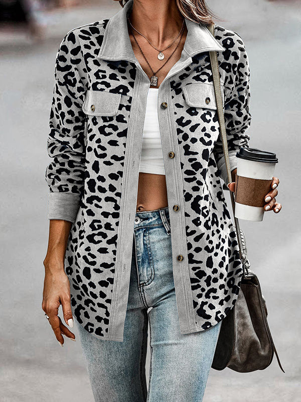 Long Sleeves Loose Buttoned Leopard Pockets Split-Joint Lapel Jackets Outerwear