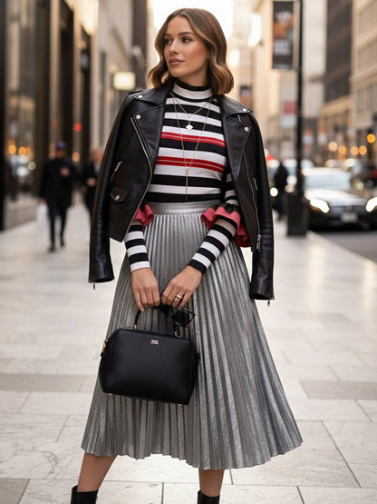 Long Sleeves Skinny Contrast Color Ruffled Split-Joint Striped Half Turtleneck Blouses&Shirts Tops