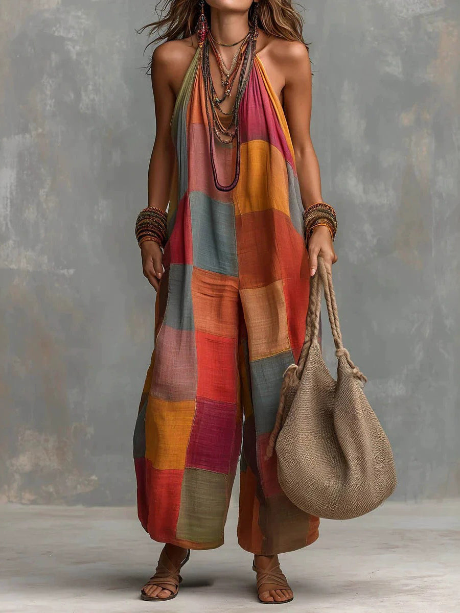 Loose Sleeveless Contrast Color Plaid Halter-Neck Jumpsuits