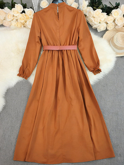A-Line Elasticated Waist Belted Buttoned Contrast Color Pleated Split-Joint Stand Collar Maxi Dresses Shirt Dress