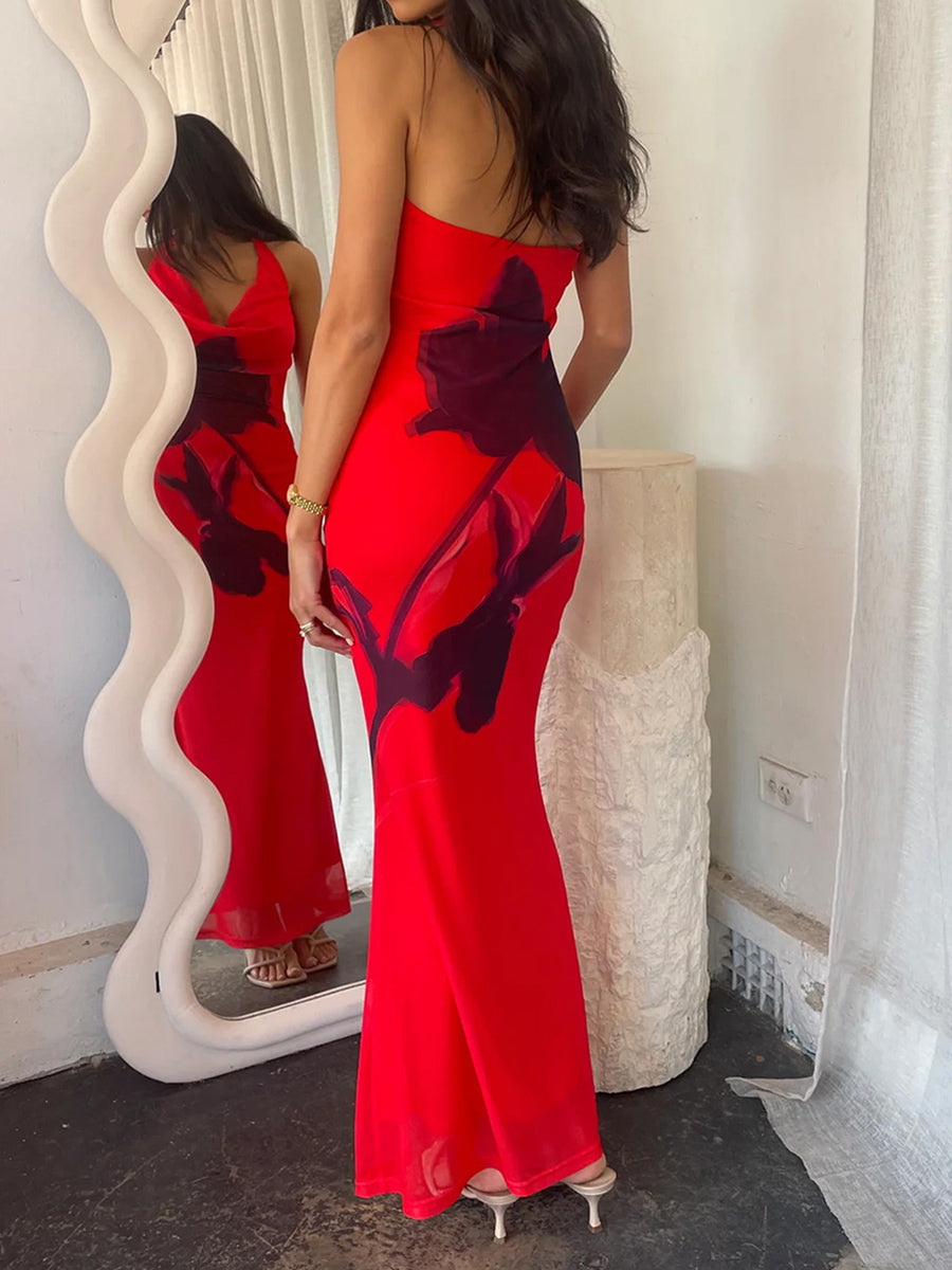 Flower Print Contrast Color Backless Sleeveless Bodycon V-neck Maxi Dresses