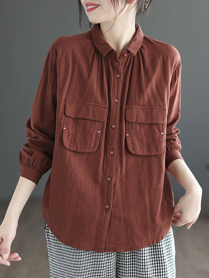 High-Low Long Sleeves Buttoned Pockets Lapel Blouses&Shirts Tops