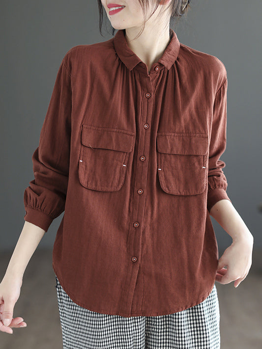 High-Low Long Sleeves Buttoned Pockets Lapel Blouses&Shirts Tops