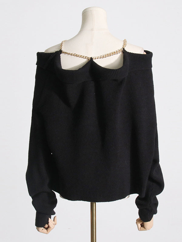 Long Sleeves Loose Chains Heaps Collar Knitwear Pullovers Sweater Tops