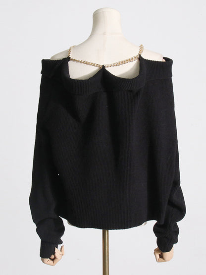Long Sleeves Loose Chains Heaps Collar Knitwear Pullovers Sweater Tops