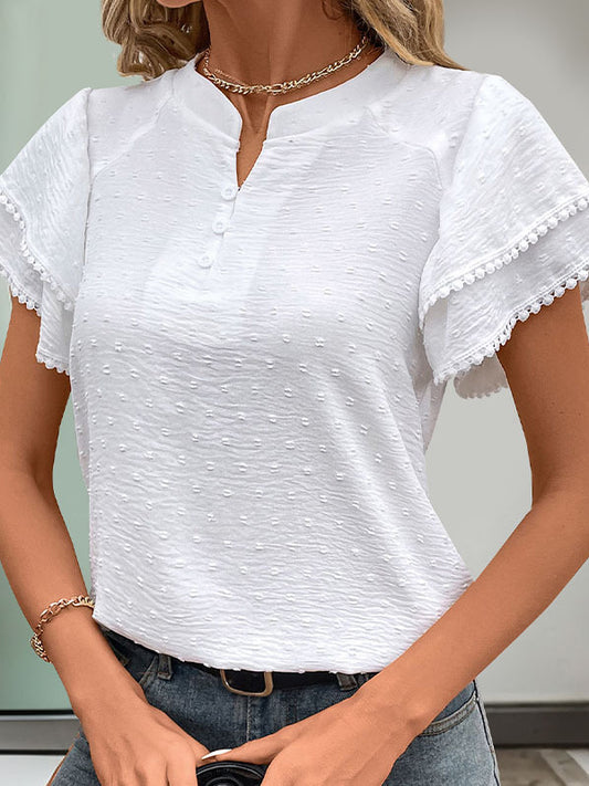 Loose Short Sleeves Buttoned Double Layered Jacquard Solid Color Split-Joint V-Neck Blouses&Shirts Tops