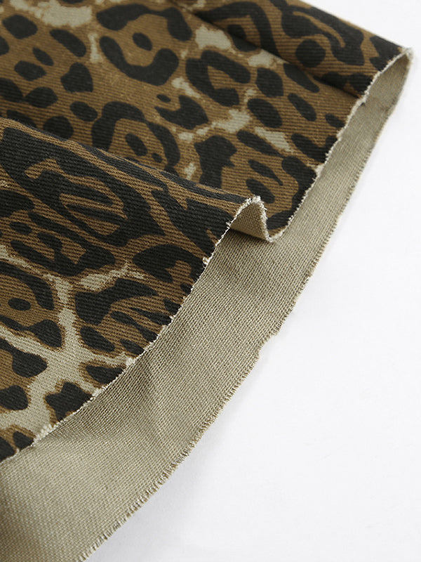 High Waisted Loose Elasticity Leopard Pockets Split-Joint Zipper Shorts Bottoms