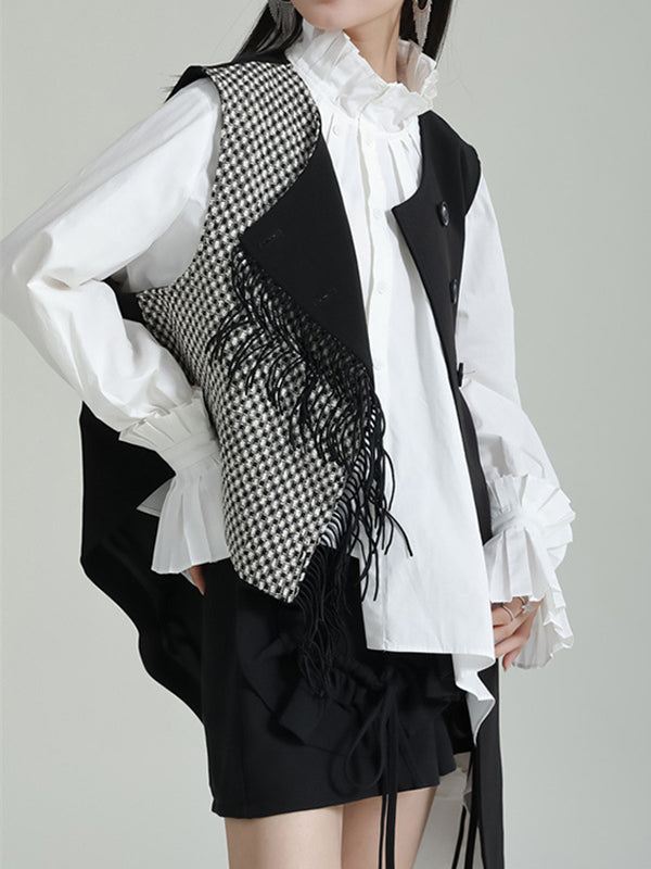 Ruffle Sleeves Sleeveless Asymmetric Buttoned Houndstooth Vest Outerwear