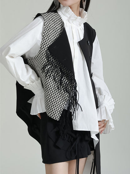Ruffle Sleeves Sleeveless Asymmetric Buttoned Houndstooth Vest Outerwear