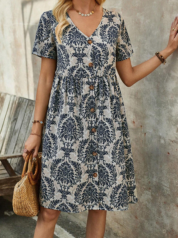 A-Line High Waisted Buttoned Pleated Printed Split-Joint V-Neck Mini Dresses