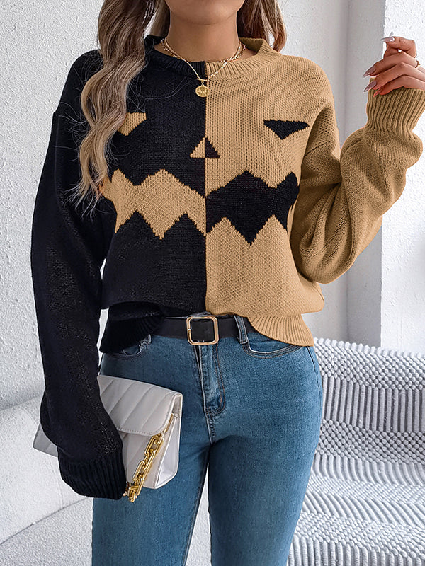 Long Sleeves Loose Contrast Color Split-Joint Round-Neck Pullovers Sweater Tops