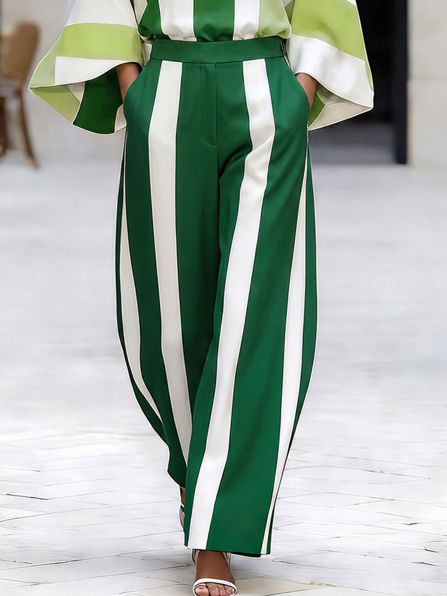 Striped Pockets Elasticity Contrast Color Wide Leg Loose Trousers Pants