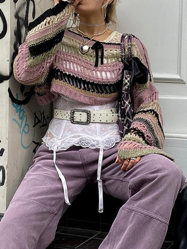 Long Sleeves Loose Drawstring Hollow Split-Joint Round-Neck Sweater Tops