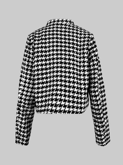 Long Sleeves Loose Buttoned Contrast Color Houndstooth Printed Stand Collar Jackets Outerwear