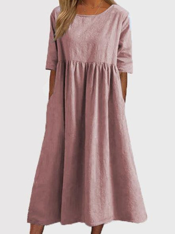 A-Line Half Sleeves Pleated Pockets Solid Color Round-Neck Midi Dresses