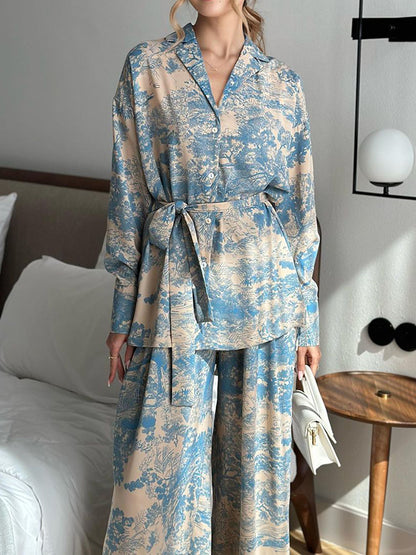 Long Sleeves Buttoned Printed Tied Waist Notched Collar Shirts Top + High Waisted Pants Bottom Two Pieces Set
