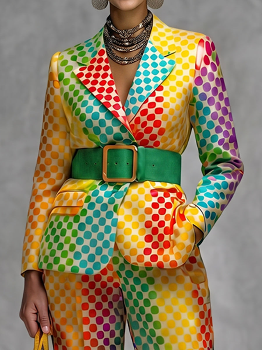 Polka-Dot No Belt Contrast Color Colorful Long Sleeves Notched Collar Outerwear Blazer