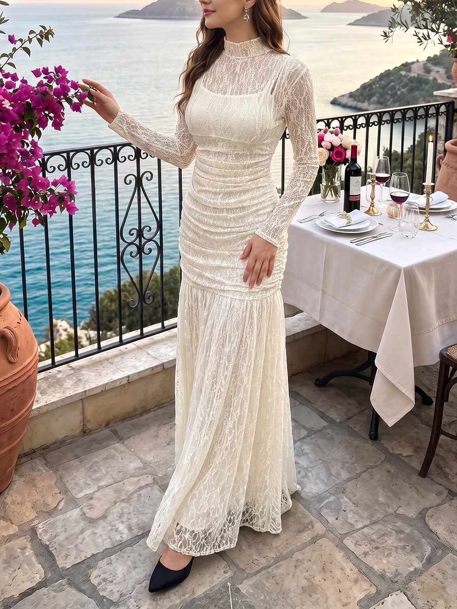 Solid Color See-Through Ruched Long Sleeves Bodycon Mock Neck Maxi Dresses