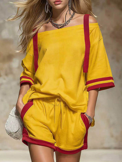 Half Sleeves Loose Contrast Color Drawstring Pockets Off-The-Shoulder T-Shirt Top + Shorts Bottom Two Pieces Set