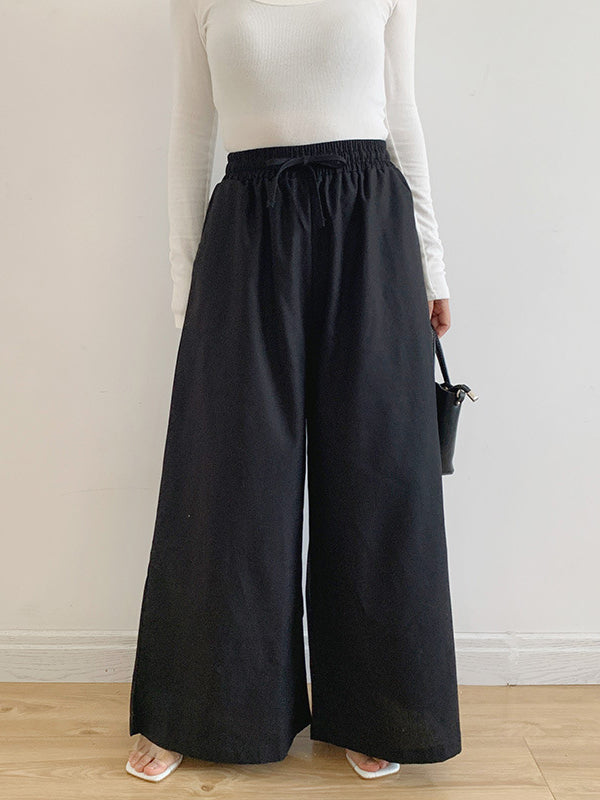 High Waisted Loose Drawstring Elasticity Pockets Solid Color Pants Trousers