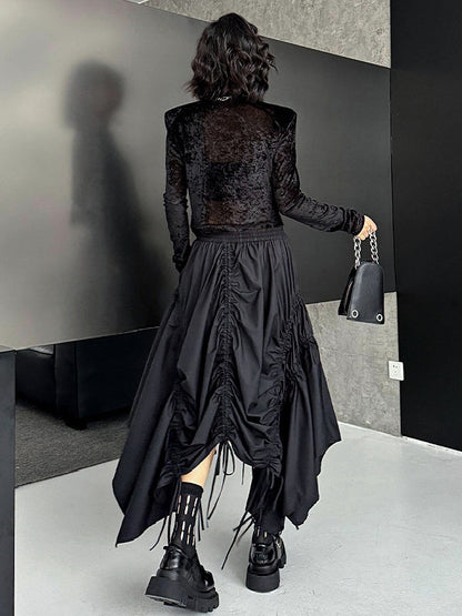 A-Line Elasticated Waist Asymmetric Drawstring Pleated Solid Color Skirts Bottoms