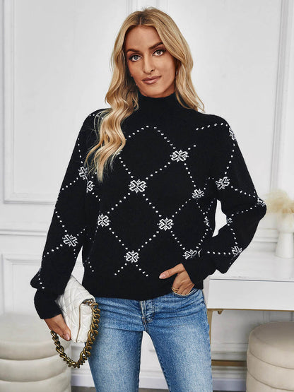Long Sleeves Loose Contrast Color Flower Print Geometric Split-Joint Half Turtleneck Sweater Tops
