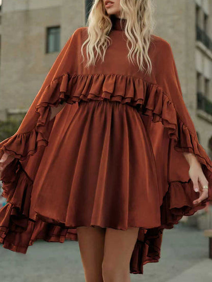 High Waisted Sleeveless Pleated Ruffled Solid Color Split-Joint Tied Mock Neck Mini Dresses Two Pieces Set